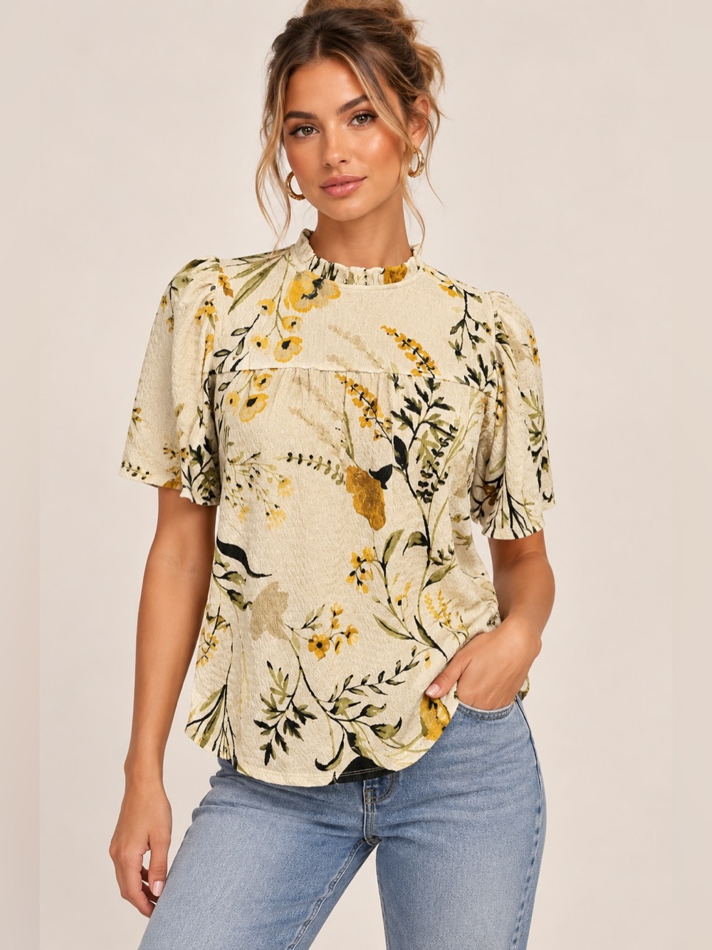 NWT Cream Floral Ruffle Neck Blouse